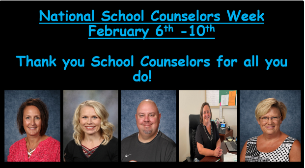 National School Counslors Week February 6th-10th. Thank you , school couselors for all you do! Photos left to right Michelle Hoch, Jen Petersen, Jay Weakland, Heather Loreth, and Kindall Todd.