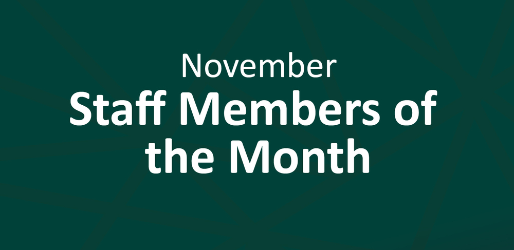 November Staff Member of the Month graphic with geo teal background