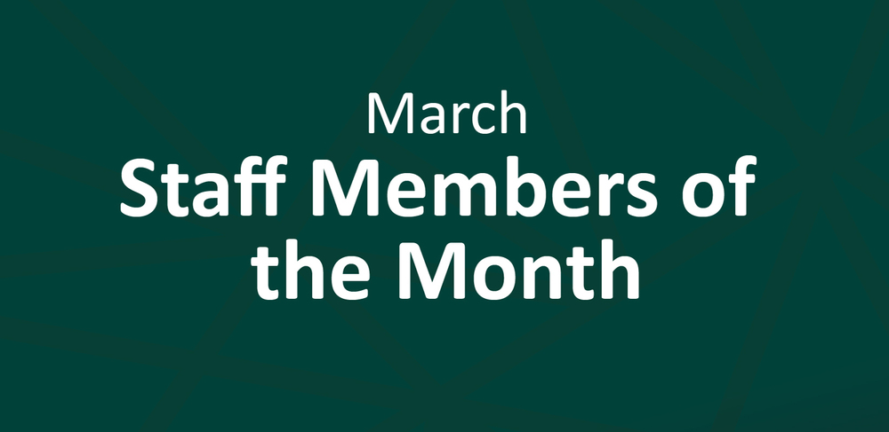 March Staff Member of the Month graphic with geo teal background