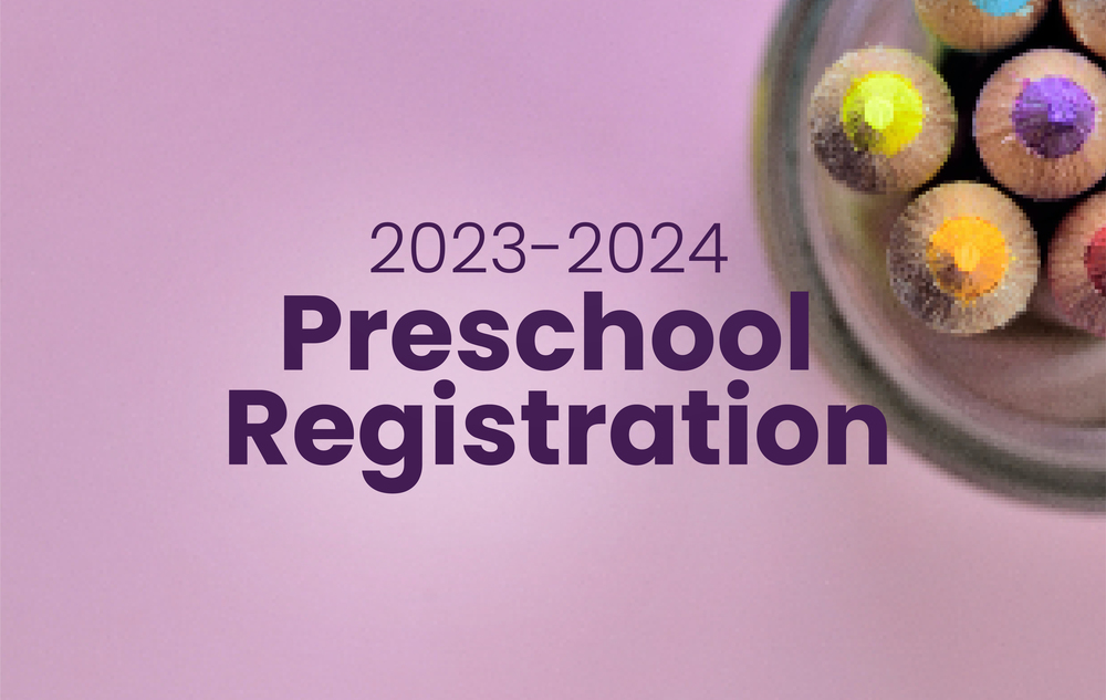 Pink background with jar of colored pencils in top right. Text reads, "2023-2024 Preschool Registration