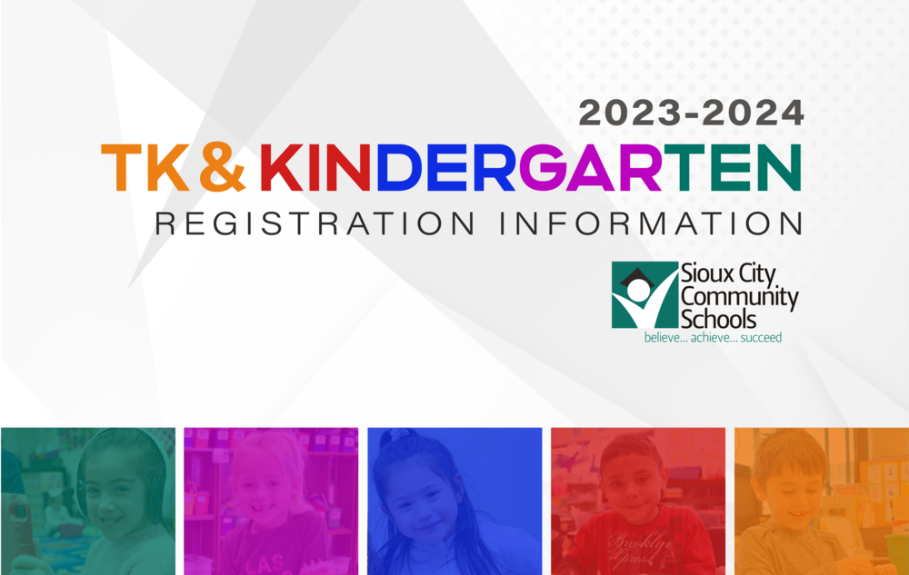Graphic with geometric white background. Text reads 2023-2024 TK & Kindergarten Registration Information. SCCSD logo below text. Five multi-colored boxes at bottom of graphic over top of five different images of kindergarten aged students.