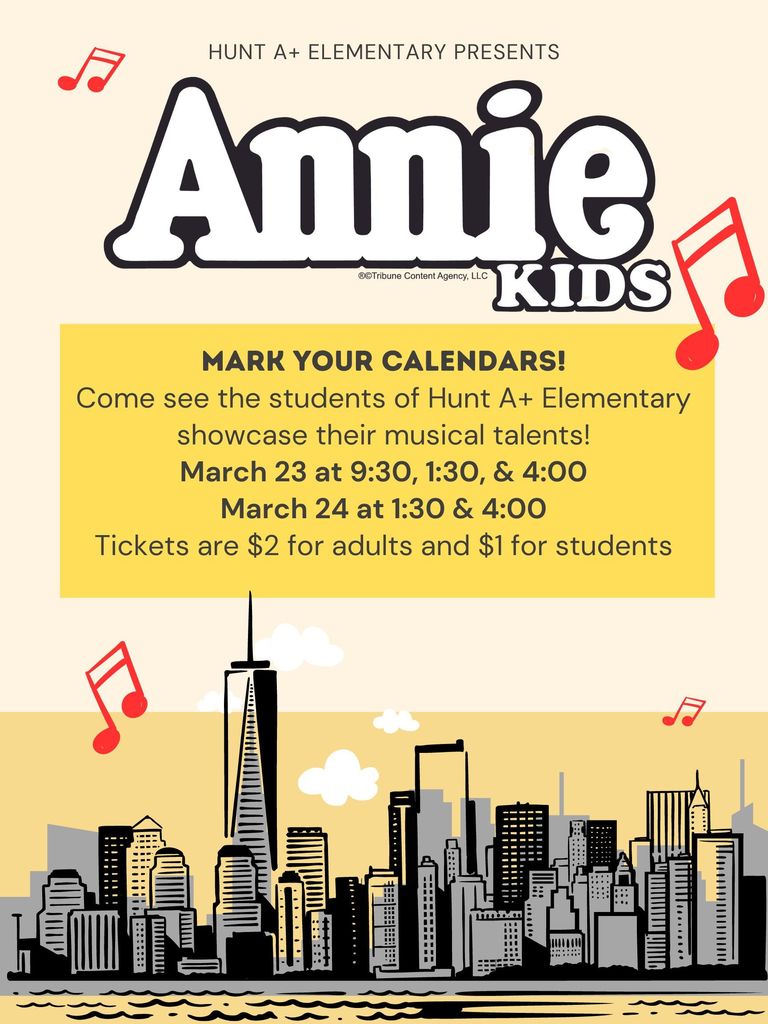 Yellow background with new york city scene and musical notes. Text: Annie Kids