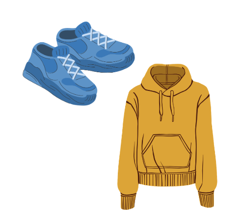 blue tennis shoes and yellow hoodie