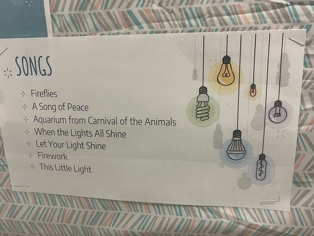 List of the songs performed: Fireflies, A Song of Peace, Aquarium from Carnival of the Animals, When the Lights All Shine, Let Your Light Shine, Firework, and This Little Light.
