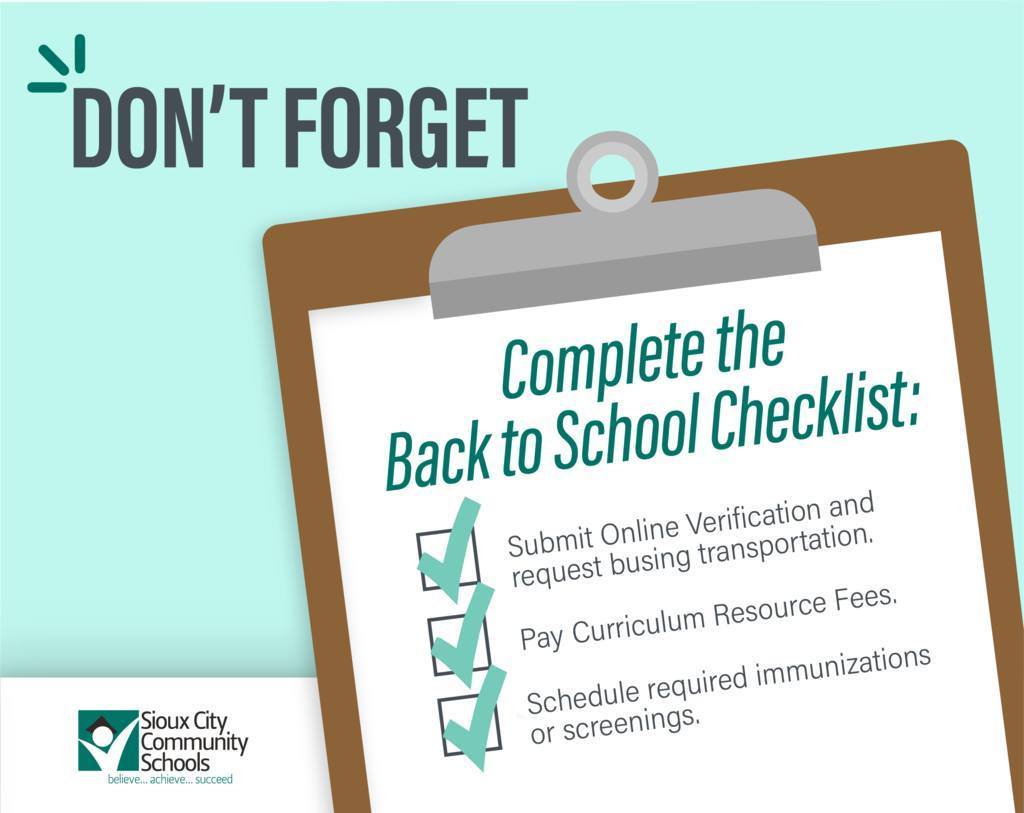 Checklist for back to school. Shows a clipboard with three checks for online verification, paying curriculum fees, and immunizations